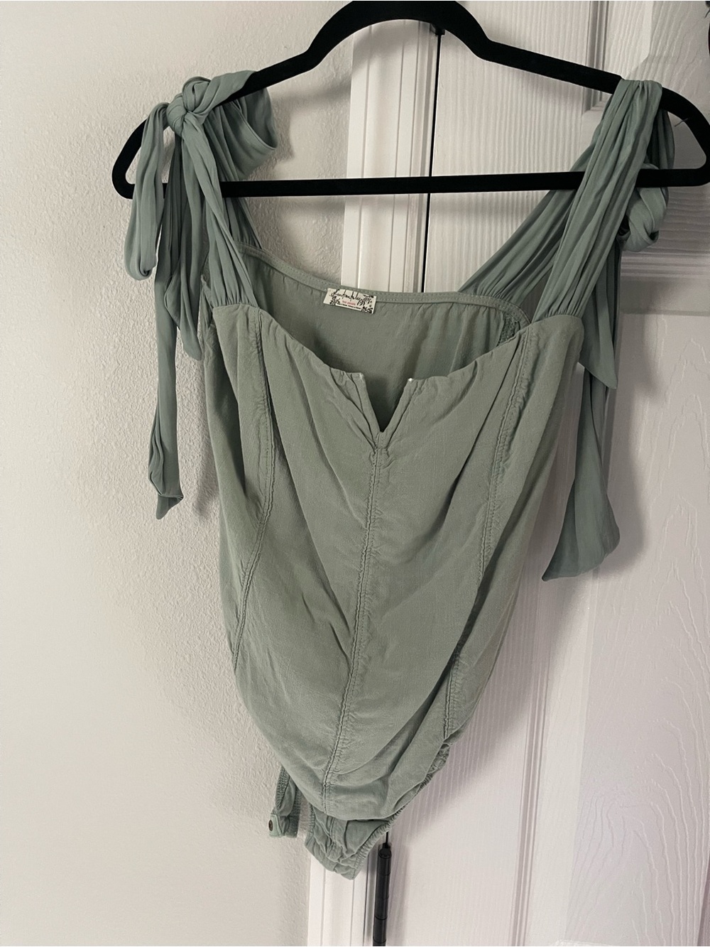 Free People Sage Green Tie-Shoulder Bodysuit